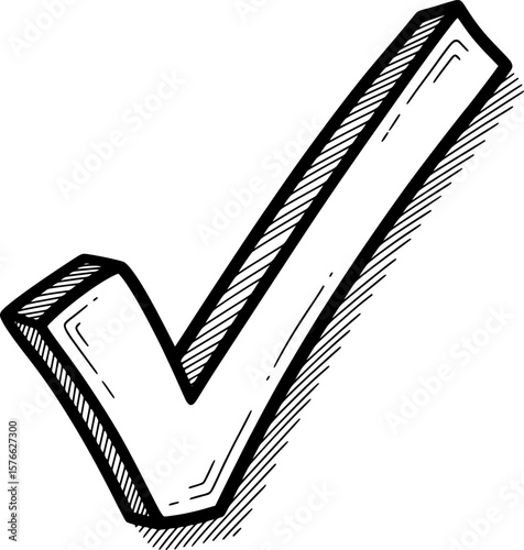 Bold checkmark with engraved shadows and 3D tilt, hand-drawn style
