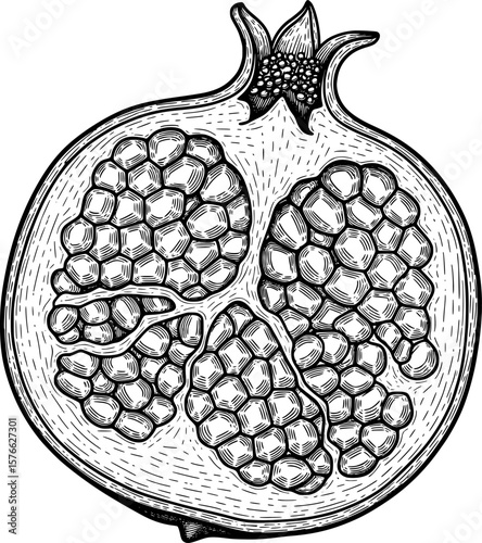 Split pomegranate with layered seeds and rind, hand-drawn style