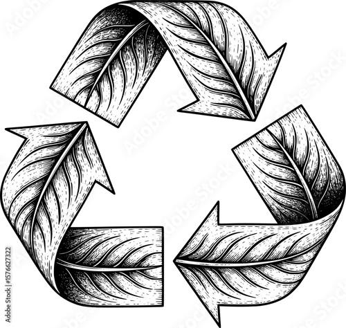 Recycling symbol with leaf-shaped arrows for eco, hand-drawn style
