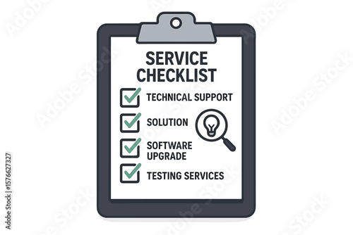 Service Checklist Clipboard Vector. Technical Support, Solution, Software Upgrade, Testing Services. Magnifying Glass Icon, Check Mark Boxes, IT Maintenance, Quality Assurance