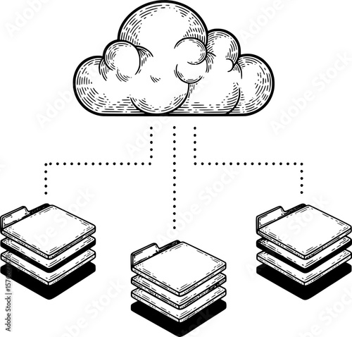 Cloud connected to layered folders for storage, hand-drawn style
