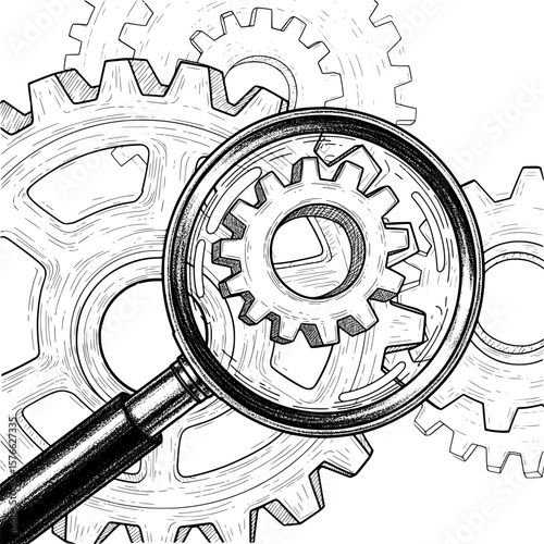 Magnifying glass focusing on gear for diagnostics, hand-drawn style