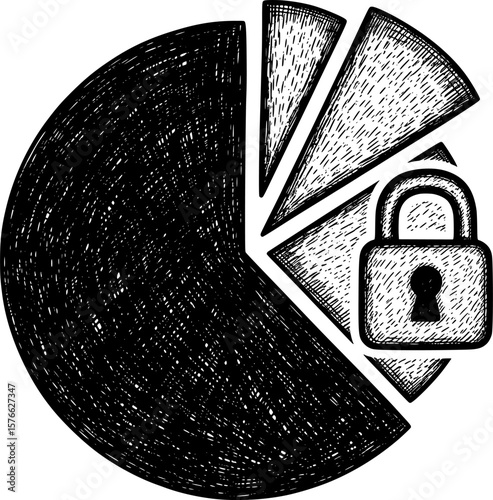 Pie chart with lock segment for data security, hand-drawn style