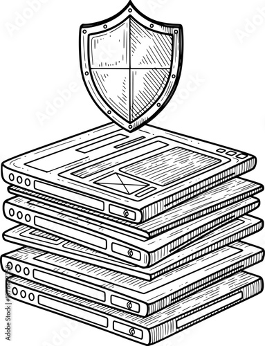 Layered browser windows with shield for security, hand-drawn style