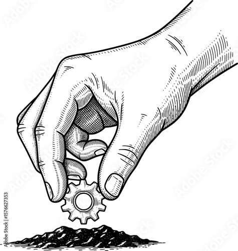 Hand planting gear into soil for industrial innovation, hand-drawn style