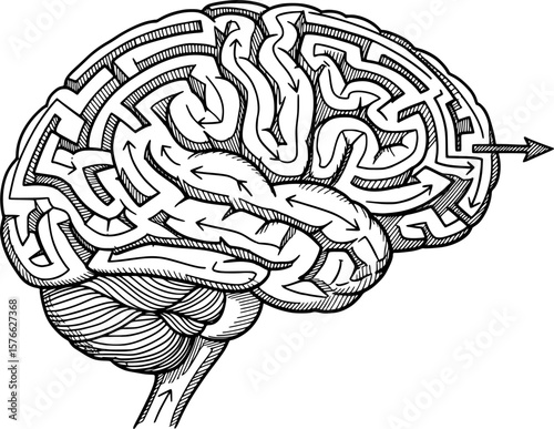 Brain-shaped maze with arrow for problem solving, hand-drawn style
