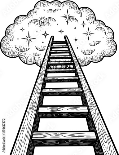 Ladder reaching cloud with stars for ambition, hand-drawn style