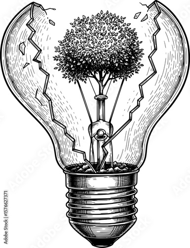 Lightbulb cracked open with growing tree inside, hand-drawn style