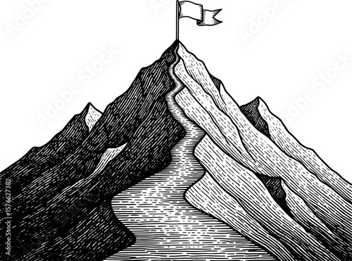 Mountain with flag and upward path for success, hand-drawn style
