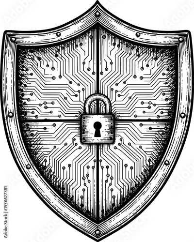 Shield with circuit-board pattern and padlock for cyber, hand-drawn style