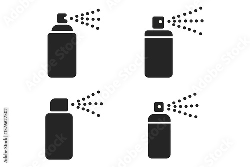 Spray Bottle Vector Icons Set. Aerosol Spray Can, Water Sprayer Nozzle, Deodorant, Paint Spray. Black Silhouette Isolated. Collection for Cleaning, Cosmetics, Disinfectant, Air Freshener
