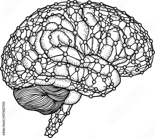 Neural network node structure forming brain for AI, hand-drawn style