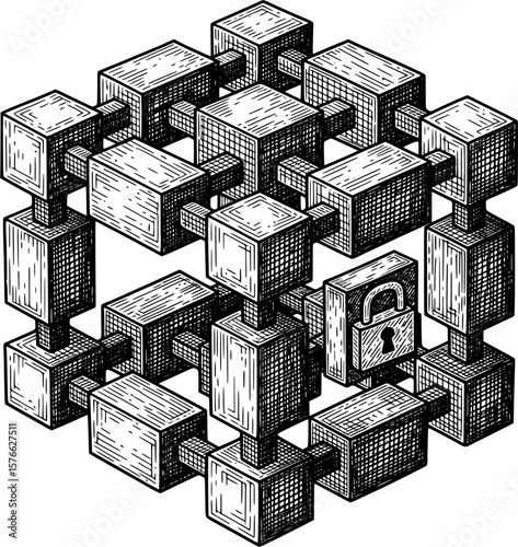 Blockchain cube with lock for secure data, hand-drawn style