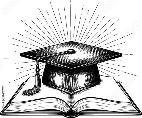 Graduation cap on book with sunburst rays, hand-drawn style