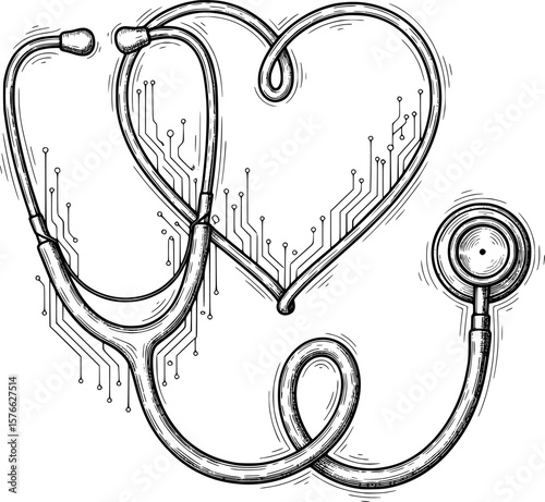 Stethoscope forming heart with circuit lines, hand-drawn style