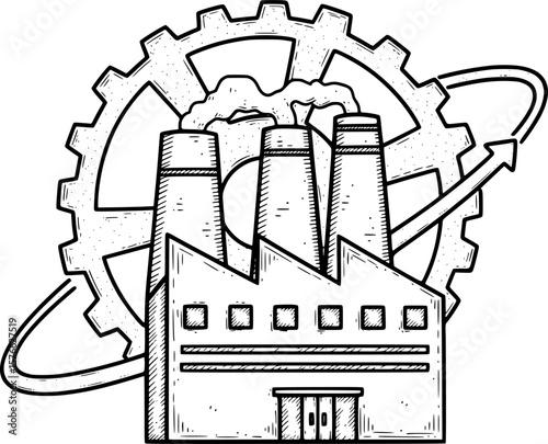 Factory with orbiting gear-ring for Industry 4.0, hand-drawn style