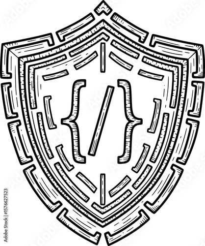 Shield formed from code brackets for software security, hand-drawn style