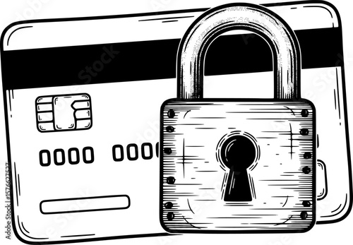 Bank card with overlapping padlock for security, hand-drawn style
