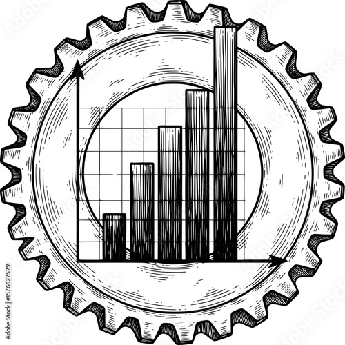 Bar graph growing from gear for data analytics, hand-drawn style