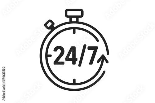 24/7 Service Stopwatch Icon, Open Around the Clock Concept, 24 Hours a Day and 7 Days a Week Support Service Vector Illustration, Customer Support, Time Management