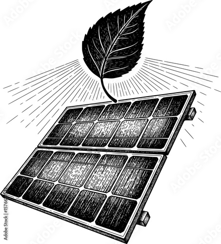 Tilted solar panel with leaf silhouette rays, hand-drawn style