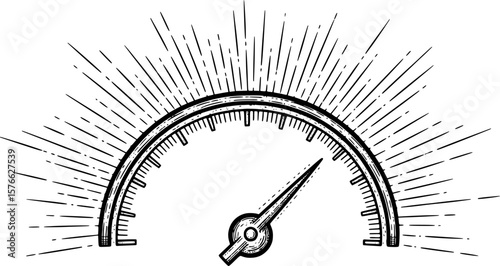 Speedometer gauge with bursting lines for performance, hand-drawn style