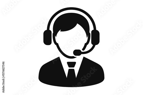 Customer Support Representative Icon with Headset. Call Center Operator. Technical Support Agent. Telemarketing Consultant. Hotline Service. Business Communication. Vector Illustration.