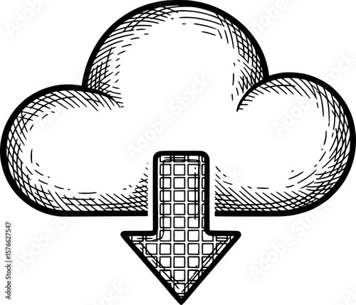 Cloud with download arrow of squares for backup, hand-drawn style