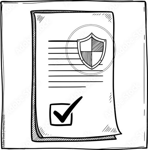 Document with checkmark and shield watermark, hand-drawn style