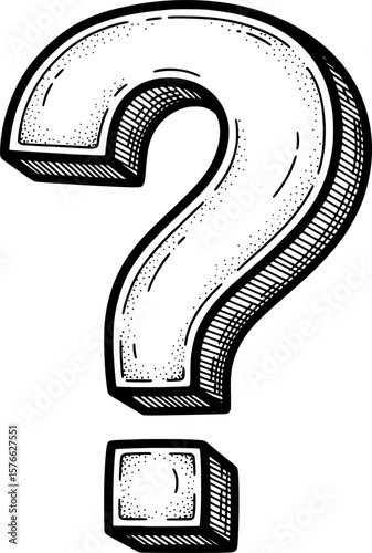 Bold question mark with curled tail and shading, hand-drawn style