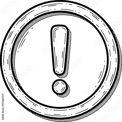 Circular warning icon with exclamation mark, hand-drawn style