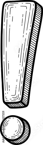 Bold exclamation mark with curled tail and shading, hand-drawn style