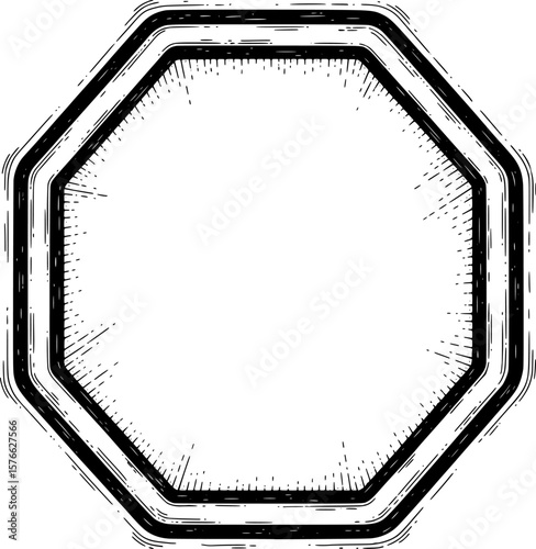Hexagonal sign outline with bold engraving, hand-drawn style
