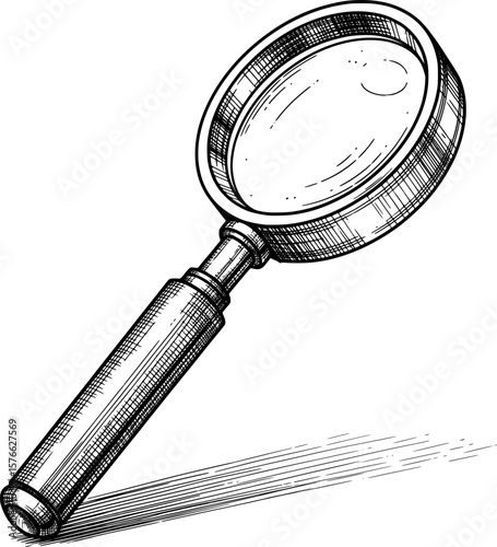 Tilted magnifying glass with 3D perspective, hand-drawn style