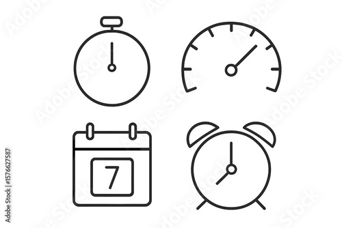 Time Management and Clock Icon Set. Line Style Web Icons Collection. Stopwatch, Speedometer, Calendar Date, Countdown Timer, Alarm Clock. Time Tracking, Schedule, Reminder, Deadline, Planner.