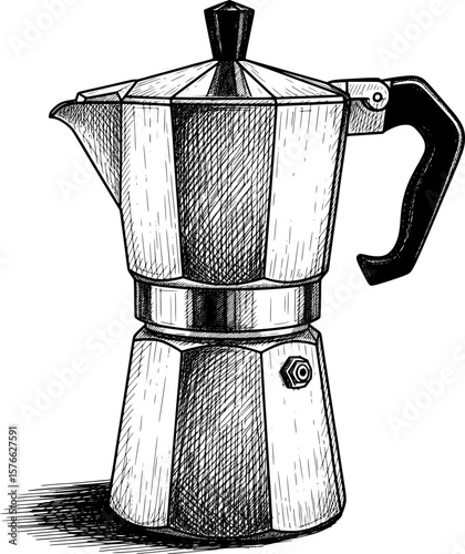 Moka pot with engraved metal texture, hand-drawn style