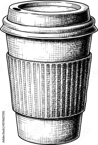 Takeaway coffee cup with lid and sleeve, hand-drawn style
