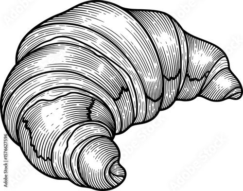 Croissant with 3D curve and buttery layers, hand-drawn style