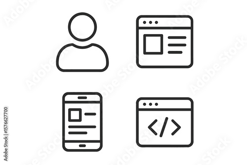 Set of 4 Website Interface Icons in Line Style, Basic UI and UX Elements for Web and Mobile Apps, Including User Profile, Web Page, Mobile App Screen, and Code Interface