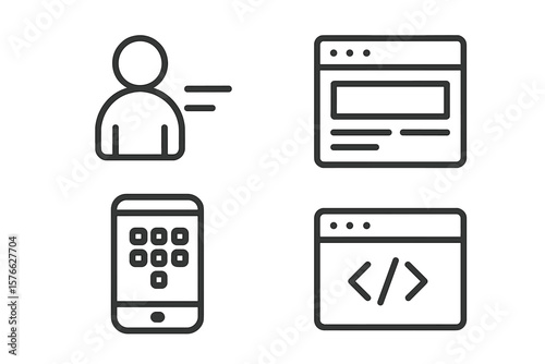 Set of 4 Website Interface Icons in Line Style, Basic UI UX Elements for Web and Mobile Apps, Including User Profile, Web Page, Mobile App, and Web Coding Symbols