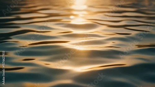 Slow motion video of gentle rippes moving across a calm water surface, golden hour lighting, ideal for relaxation content, wellness visuals, environmental themes
