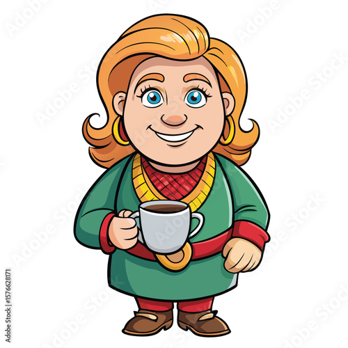 Cartoon female character with blond hair, smiling, holding a coffee cup