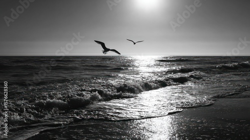 Two birds fly over a beach at sunset