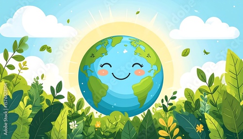 Cartoon Earth surrounded by foliage