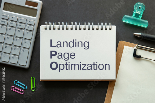 There is notebook with the word Landing Page Optimization. It is as an eye-catching image.