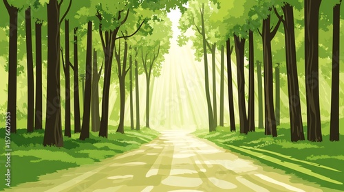 Lush Forest Path with Sunlight Filtering Through Trees in the Morning