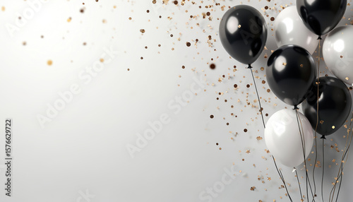 Elegant celebration with black, silver, white balloons, scattered gold confetti. Festive decor suits birthdays, anniversaries, special events, offering modern, luxurious background with glamorous