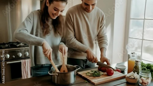 A loving couple cooking together, filled with joy and togetherness.