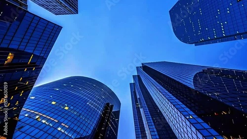 Tall blue glass skyscrapers reach towards the sky creating an impressive urban view