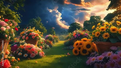 Vibrant flowers bloom in a sunlit garden paradise under a beautiful cloudy sky